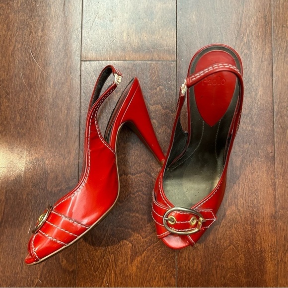 Paolo Dark Hyacinth Orange Leather Heels with Rhinestone & Gold Hardware, Size 7 - Picture 4 of 14